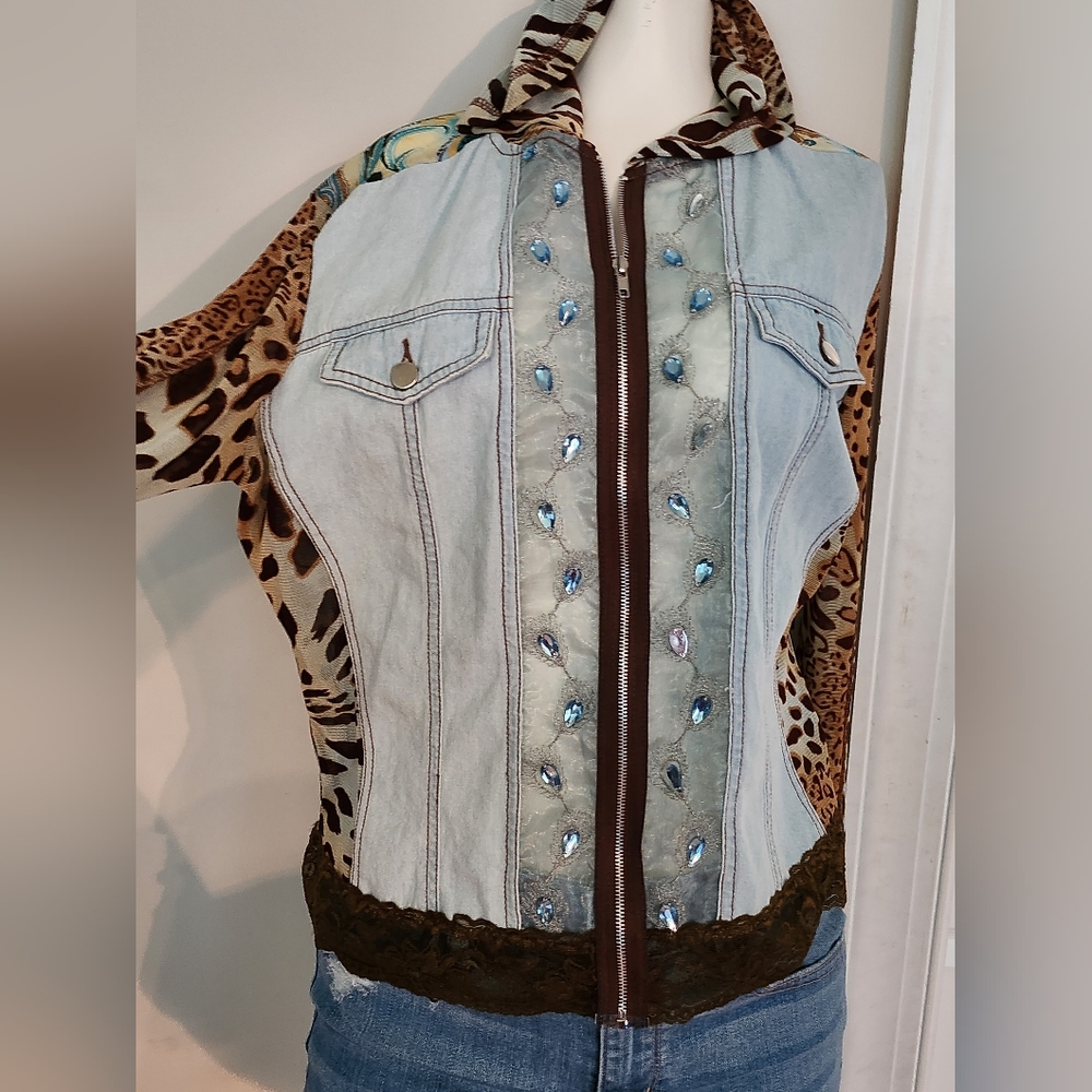 Plano Denim and animal print mesh blinged jacket
